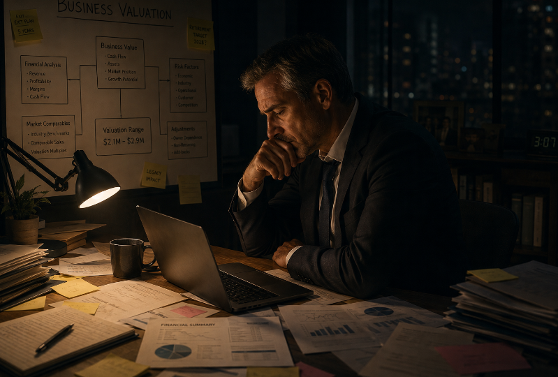 Business owner reviewing documents at desk